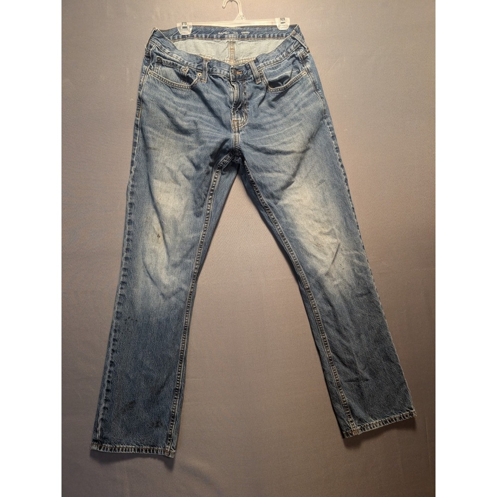 Old Navy Straight Jeans Mens 36x32 Blue Denim Medium Wash Whiskers Detail Casual